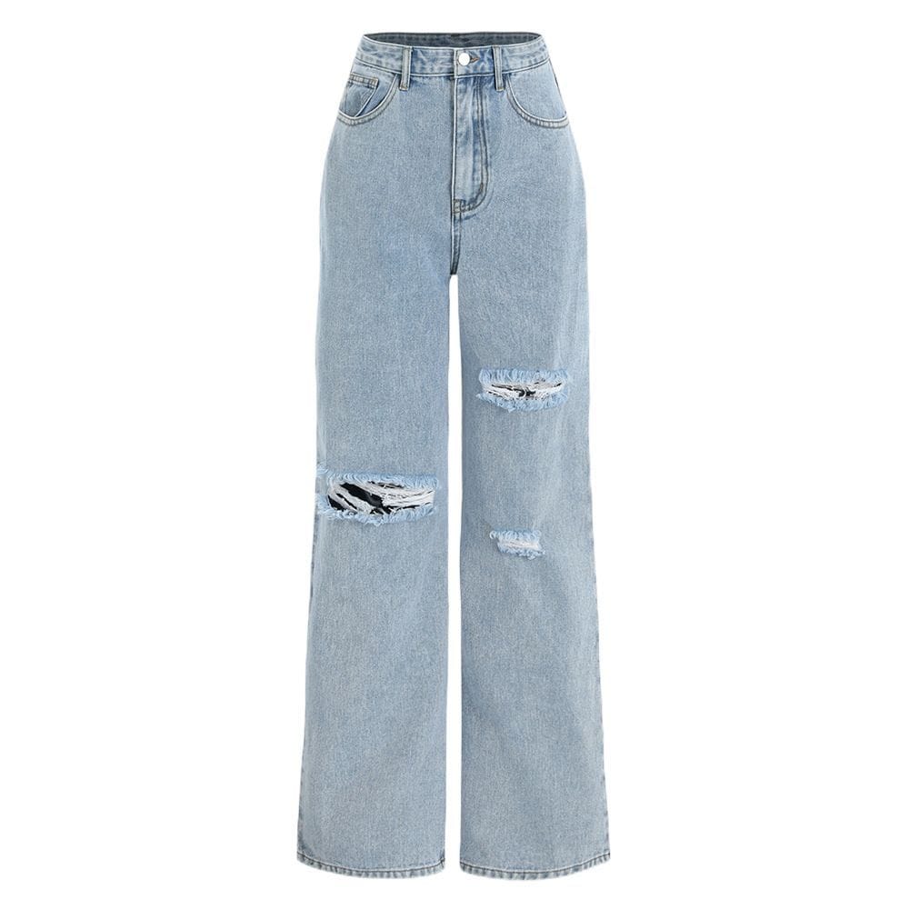 High-waisted, wide-leg jeans in European and American styles; slim fit, faded, distressed, and ripped; trendy distressed trousers for women