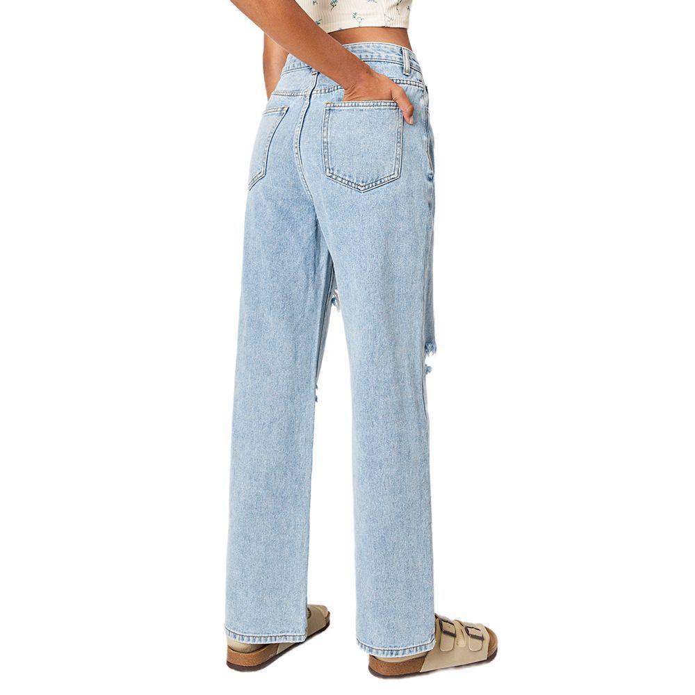 High-waisted, wide-leg jeans in European and American styles; slim fit, faded, distressed, and ripped; trendy distressed trousers for women